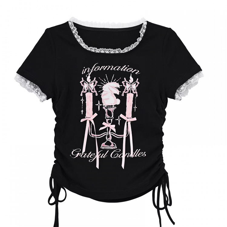 Black Square Neck Candlestick Print Drawstring Hem Lace Trim T-Shirt
