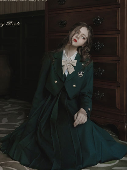 Green Belt with Embroidery 65 Preppy Overalls Box Pleat Skirt / and 70cm Dark