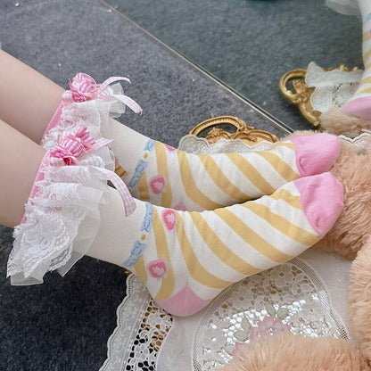 Pink&Yellow Sweet Lolita Bowknot Striped Pattern Calf Socks