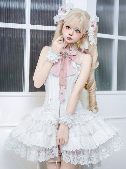 Straps Spaghetti JSK Lolita Pink Balletcore White Corset + Dress