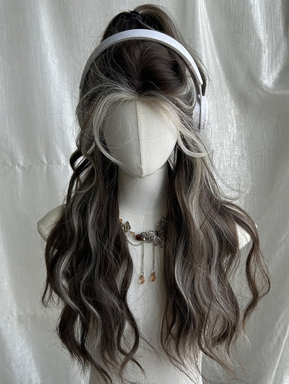 Brown And Blonde Highlights Long Wavy Synthetic Wig With Bangs