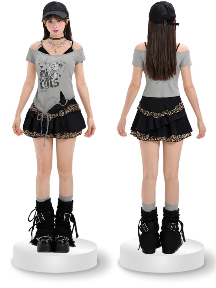 Y2K Black Leopard Pattern Mini Tiered Skirt with Details Glamorous Lace-up