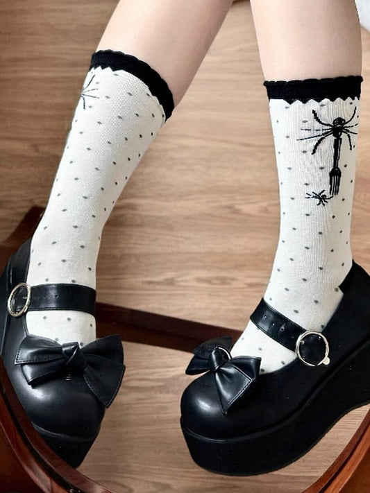 Spider Polka-dot Socks Lolita Calf Black Fork Pattern