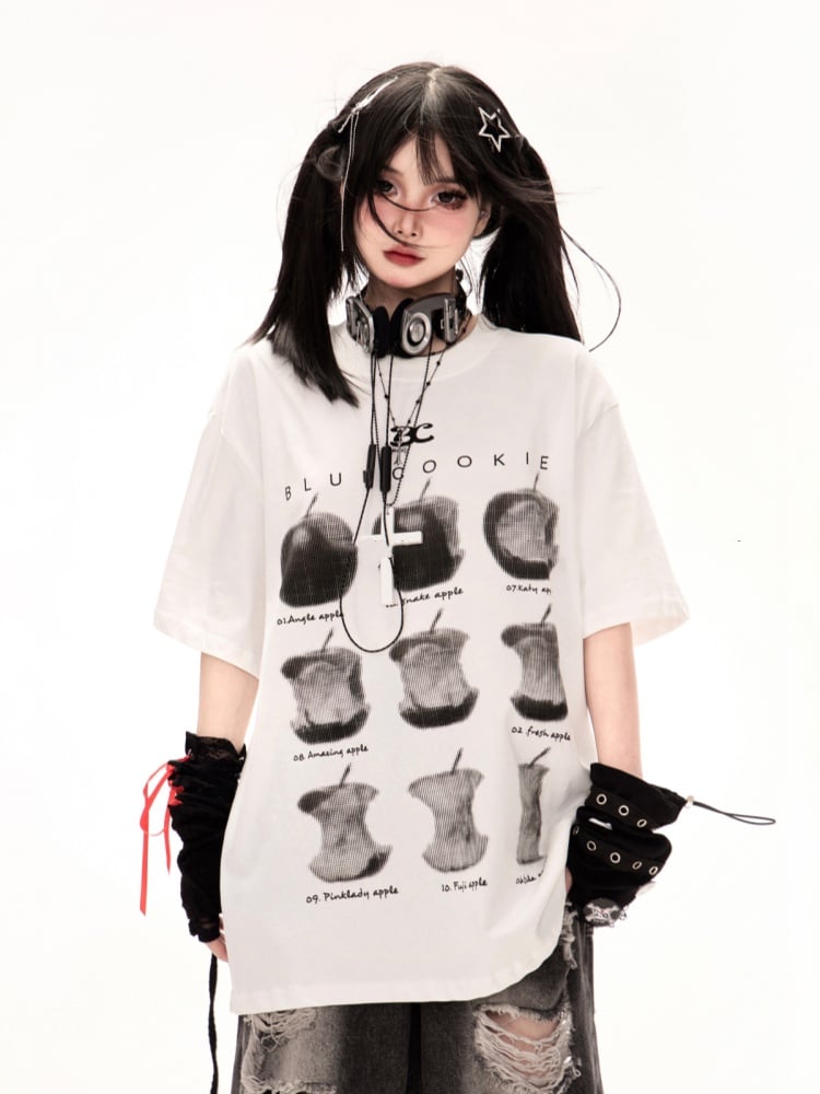 T-Shirt White Round Neck Apple Print Loose