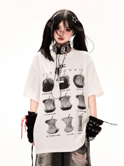 T-Shirt White Round Neck Apple Print Loose