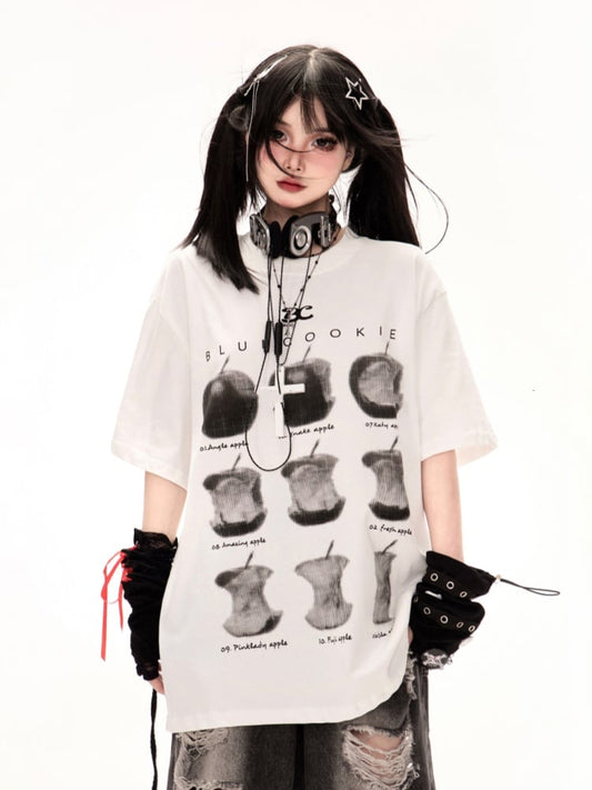 T-Shirt White Round Neck Apple Print Loose