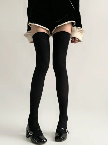 Stockings White/Black Over-knee Trim Version Ribbed Longer