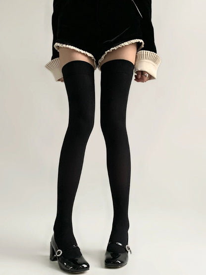Trim Ribbed Version Stockings White/Black Over-knee Longer