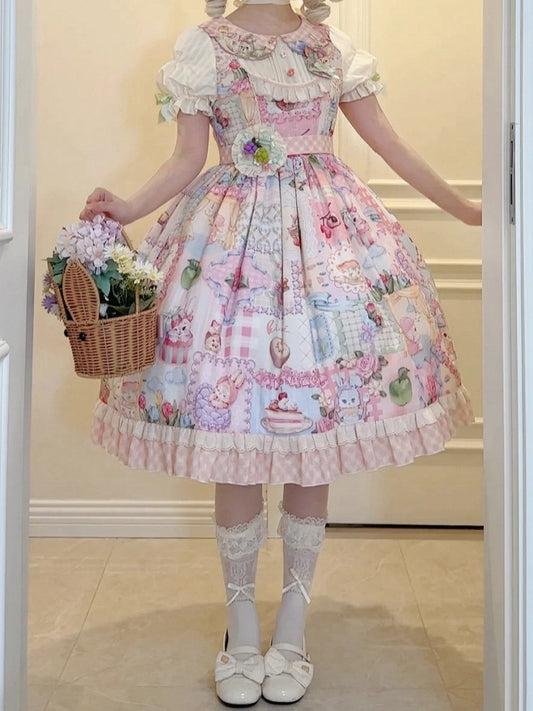Robe Sweet Lolita en patchwork avec col brodé lapin et manches amovibles