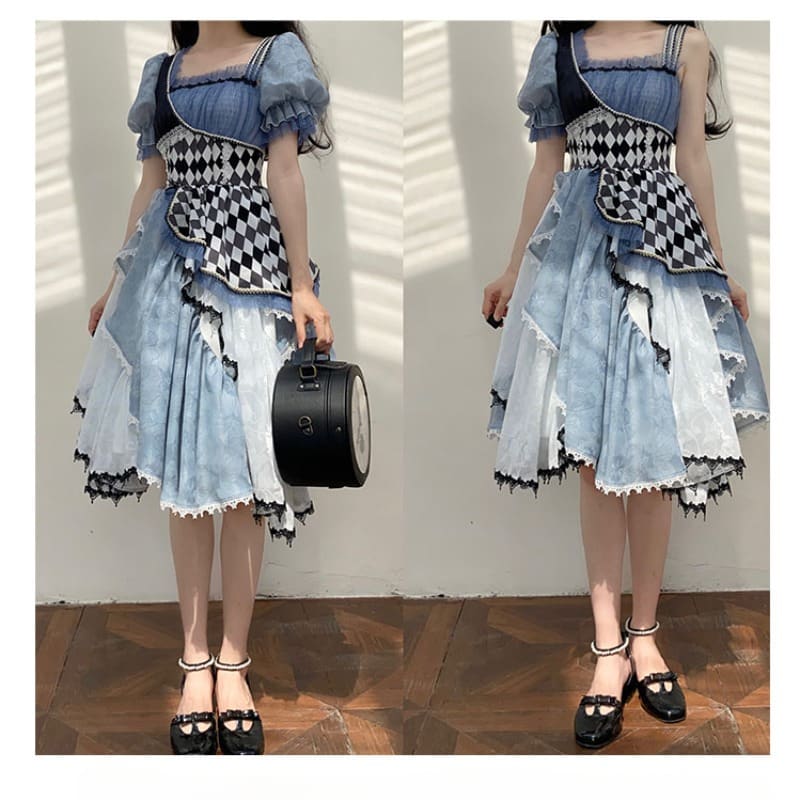 Robe Lolita asymétrique bleue à carreaux, style Alice au pays des merveilles, version longue