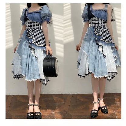 Robe Lolita asymétrique bleue à carreaux, style Alice au pays des merveilles, version longue