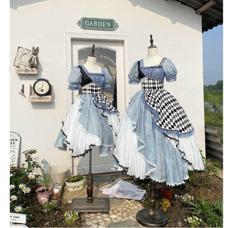 Robe Lolita asymétrique bleue à carreaux, style Alice au pays des merveilles, version longue