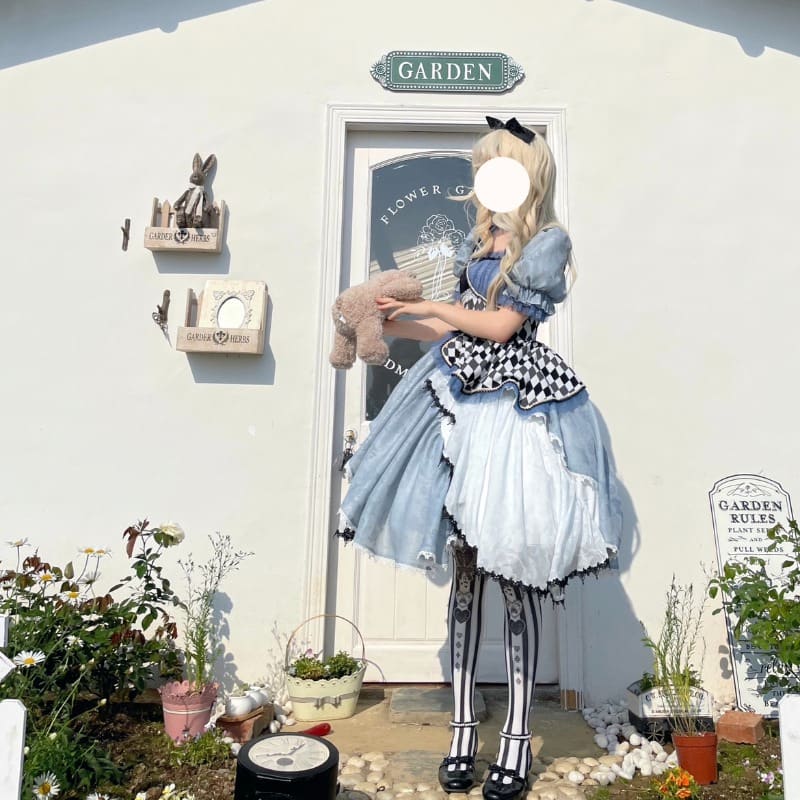 Robe Lolita asymétrique bleue à carreaux, style Alice au pays des merveilles, version longue