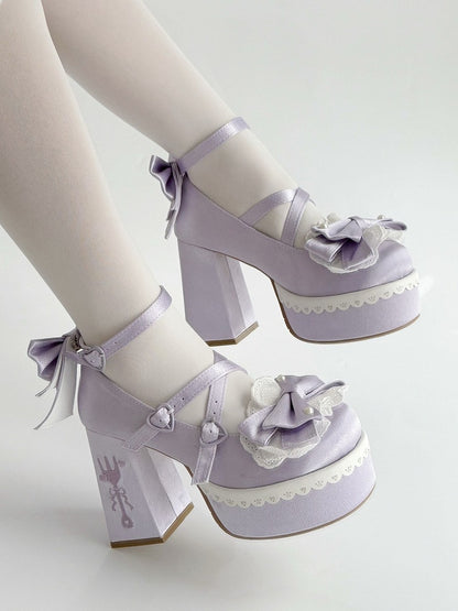 Purple Lolita Lace Bowknot Buckle Straps Fork Platform Block High Heels