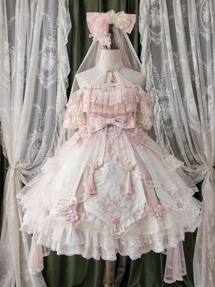 Ombre Pink Peach Blossom Halter Neck Han Lolita Dress Full Set