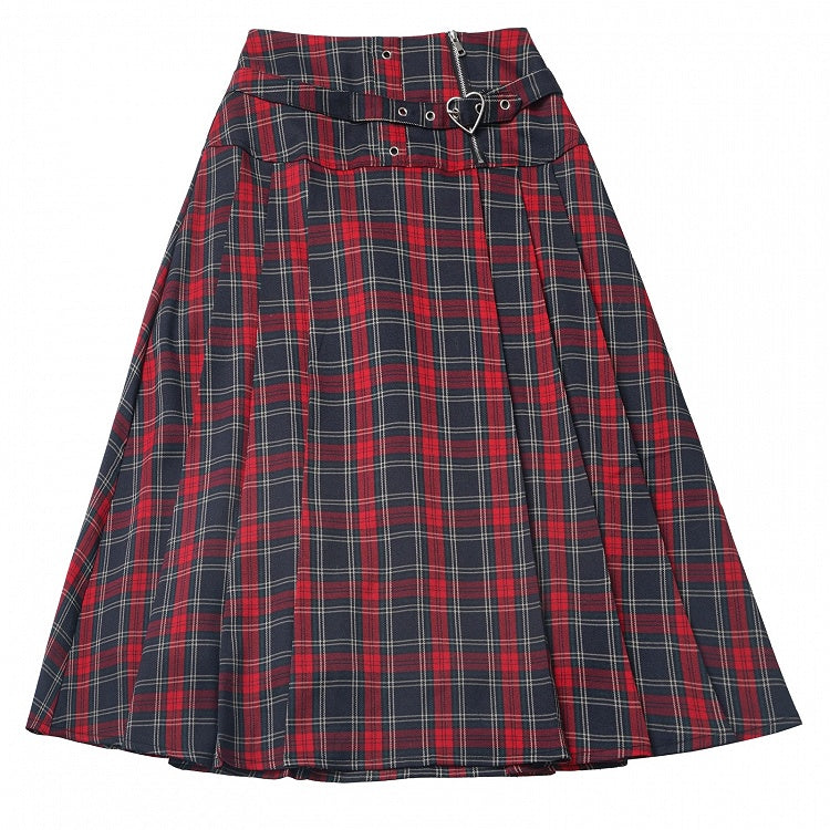 Red Heart Buckle Plaid Pleated Skirt