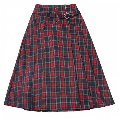Red Heart Buckle Plaid Pleated Skirt