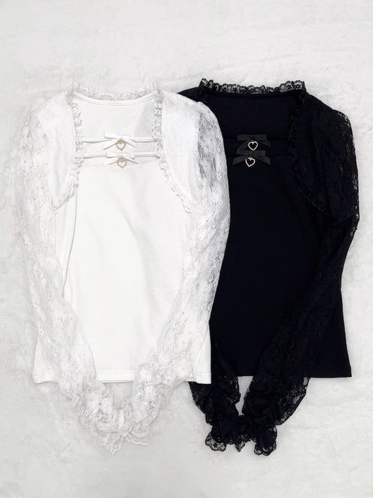 Jirai Kei Black/White Bowknots Neckline Lace Sleeves Top