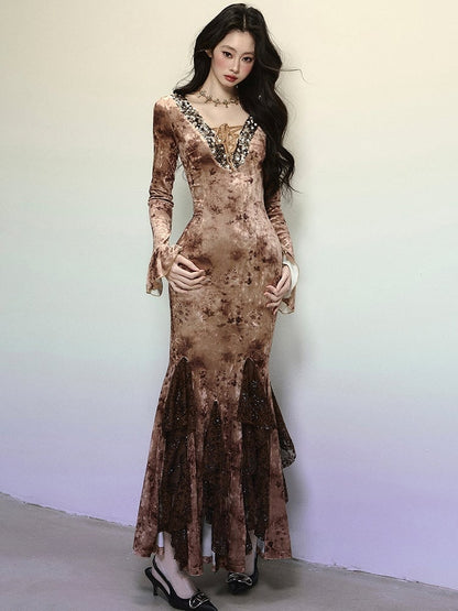 Coffee Sequins V-neck High Waist Lace Patchwork Flounce Mermaid Skirt Velvet Dress Evening Gown