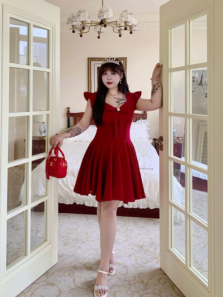Plus Size V-neck Dress Flutter Sleeves Big Bow Front Red