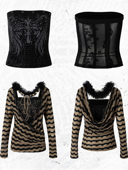 Bustier Set Top Brown Knit Striped Deconstructed Wing Black Print