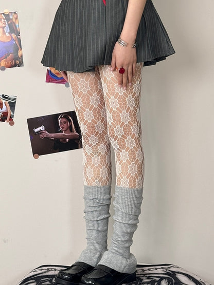 Tights Floral Pattern White/Purple Sweet Lolita