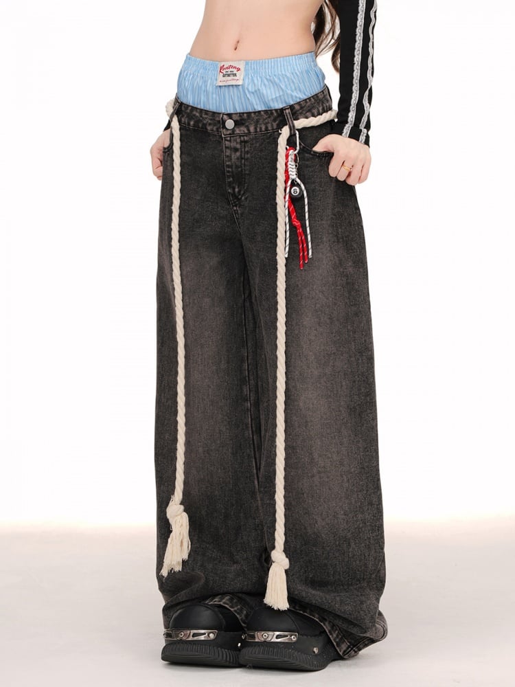 Stripe Plaid Waistband Wide-leg Cut Jeans