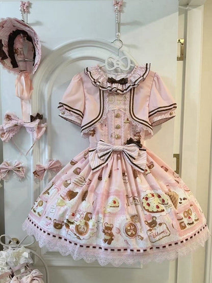 Two-pieces Theme Fake Desserts Bear Dress Pink Lolita Sweet Print Design