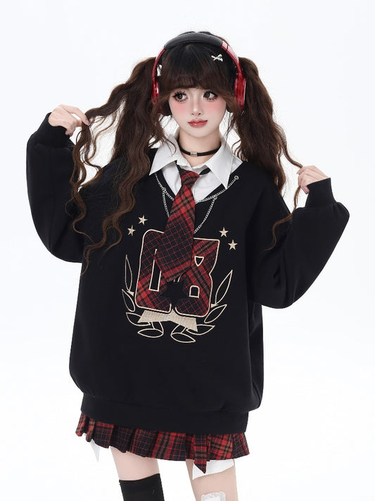 Black Preppy Faux Two-pieces Loose Sweatshirt with Red Plaid Tie