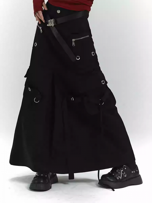 Black Zipper and Ring Detail Cargo Pockets Loose Skirt