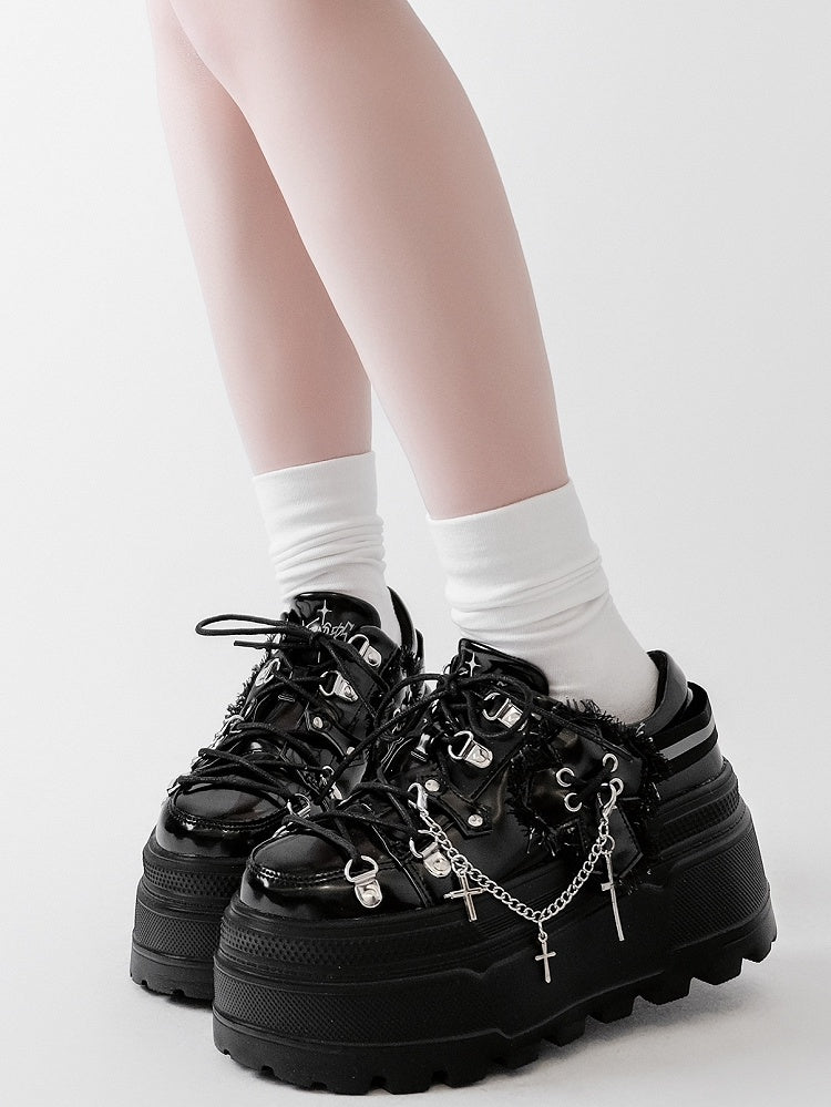 Detachable Black With Punk Front Charm Ties Design Platform Chain Lace-up Cross Shoes