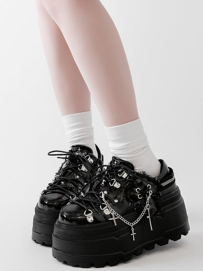 Detachable Black With Punk Front Charm Ties Design Platform Chain Lace-up Cross Shoes
