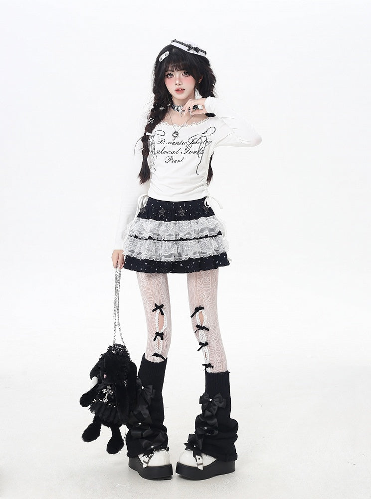 Bowknot Print Lace Sweet Top Trim Drawstring Waist White/Black