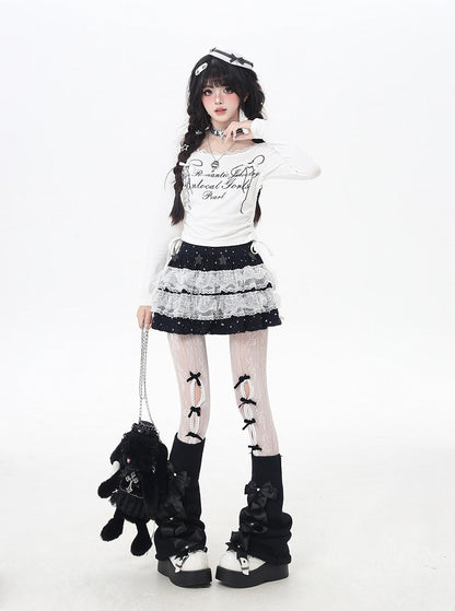 Bowknot Print Lace Sweet Top Trim Drawstring Waist White/Black