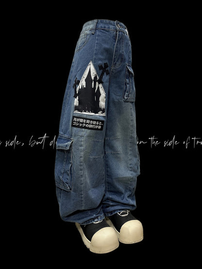 Decorated Cut Jeans Cargo Y2K Letter Pockets Blue Wide-leg Applique