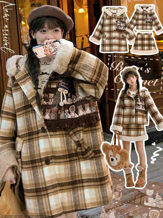 Brown Cute Little Bears Applique Plaid Hooded Woolen Coat Long Version