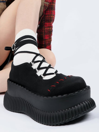 Contrast Closure with Lace-up Stitching - Crisscross Red Janes Black Platform Mary