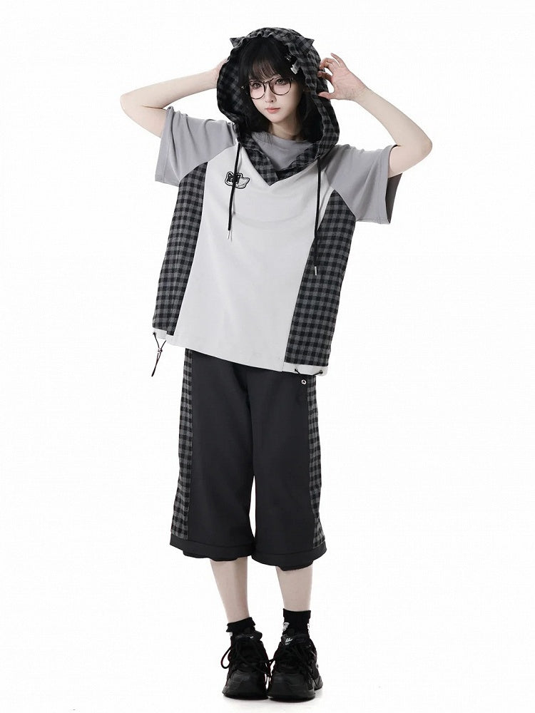 Wear Ways Zip Cuffs Techwear Two Pants/Shorts Black Plaid with Snap Belt