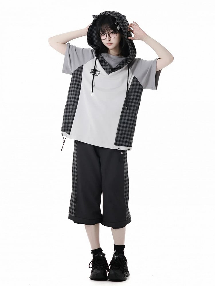Techwear T-Shirt Plaid Patchwork Design Wolf Embroidery Wolf Ears Hood Gray
