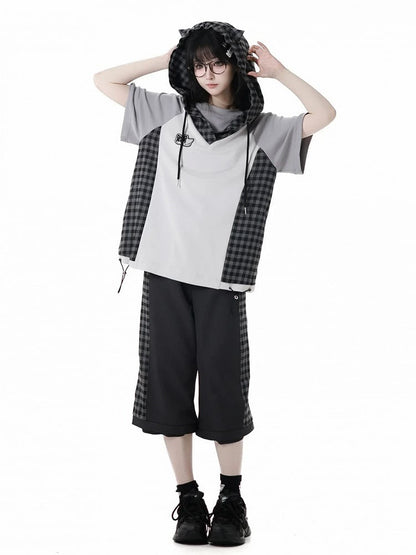 Techwear T-Shirt Plaid Patchwork Design Wolf Embroidery Wolf Ears Hood Gray