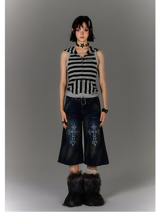 with Buckle Blue Print Faded Wash Glamorous Distressed Jeans Belt Cross