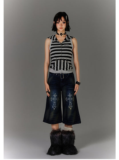 with Buckle Blue Print Faded Wash Glamorous Distressed Jeans Belt Cross