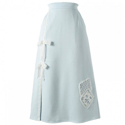 Blue Lace Bow Side Slit Floral Applique Skirt