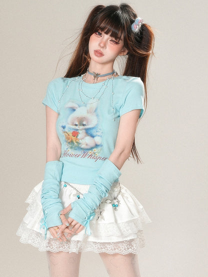 White/Black/Blue Glamorous And Print Sleeves Bunny With T-shirt Letter