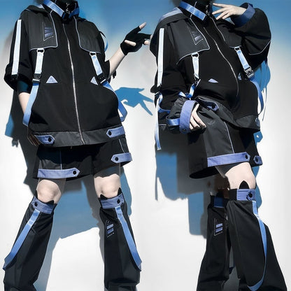 Cyber Techwear Black Blue Elastic Waist Shorts and