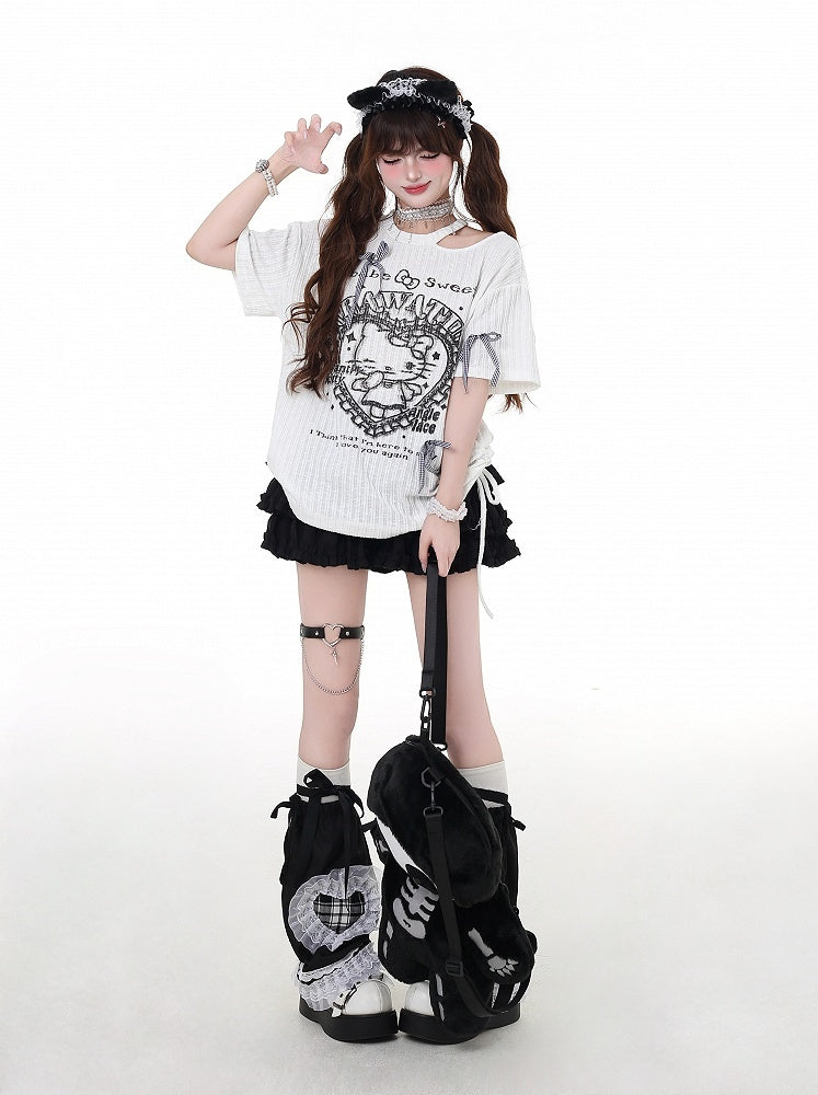 Cutout Y2K Black/White Round Waist Neck Detail T-Shirt Kitty Print Drawstring