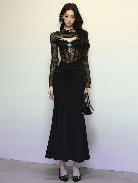 Robe de soirée noire asymétrique en dentelle semi-transparente avec jupe sirène et patchwork