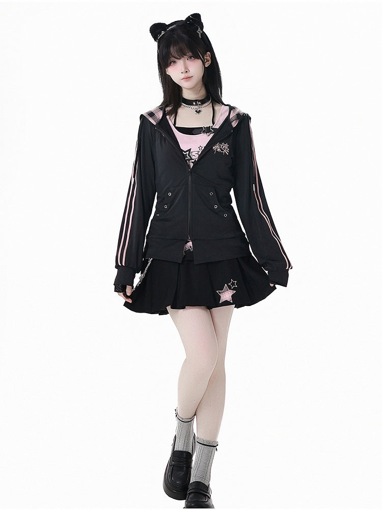 Pink Plaid Buckle Straps Star Applique Black Box Pleat Skirt