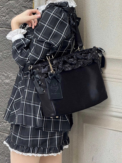 Black Card Bow Holder Trims Straps Bag Self-tie Ruffle Satin Ita With