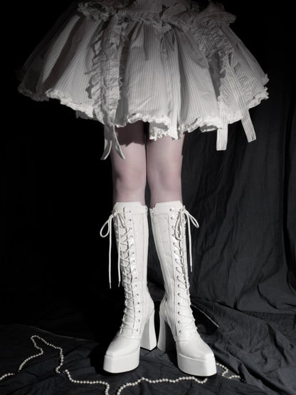 Gothic White Front Lace-up Ties Lace Platform High Block Heel  Knee-high Boots